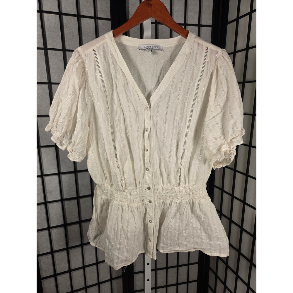 Sweet Rain Cottagecore Prairie White Metallic Pinstripe Peplum Puff Sleeve 3XL